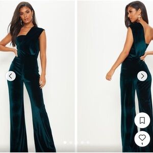 Pretty Little Thing velvet green draped one arm jumpsuit